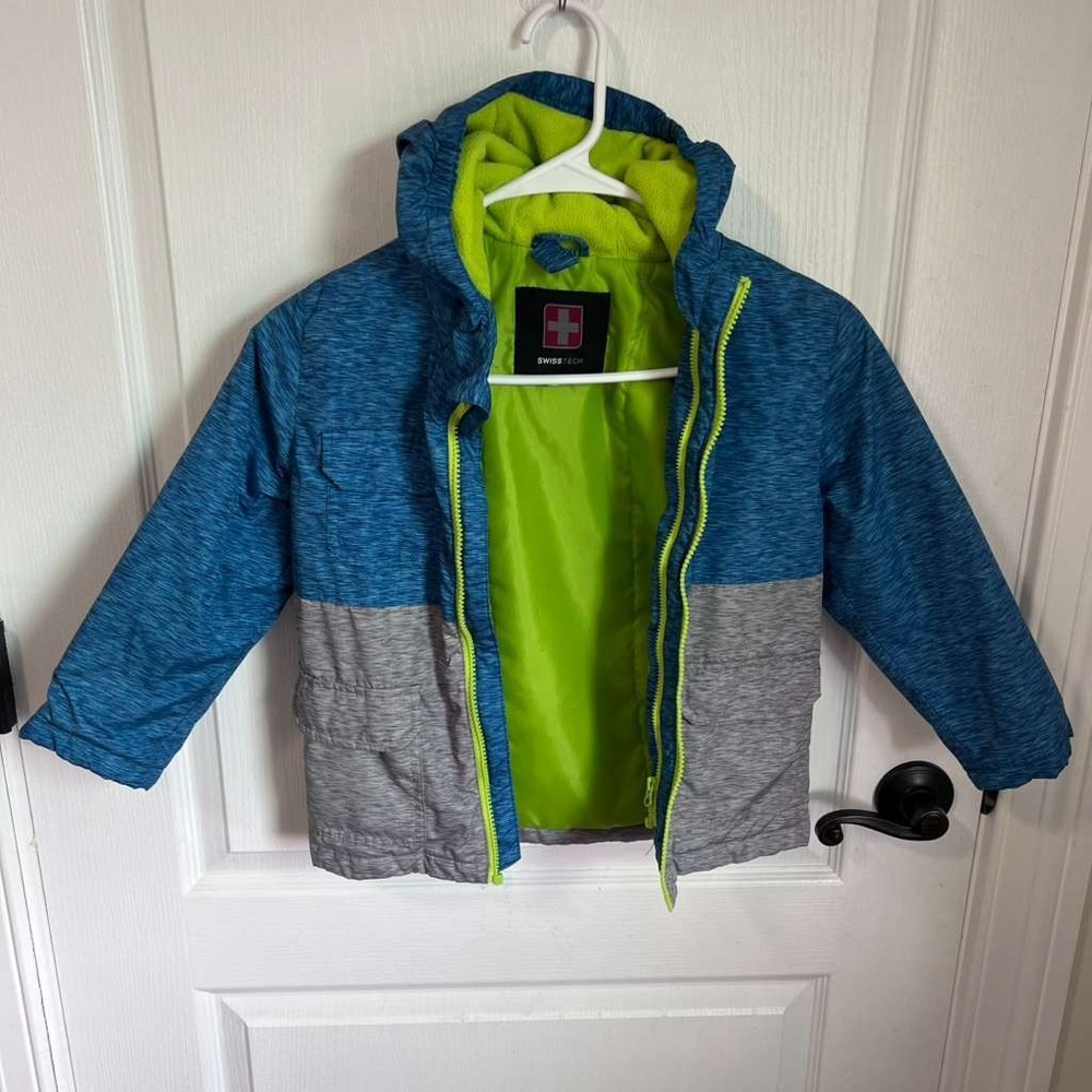 Swiss Tech Boys Blue Grey Colorblock Hooded Puffer Jacket Neon Green Lining 4T